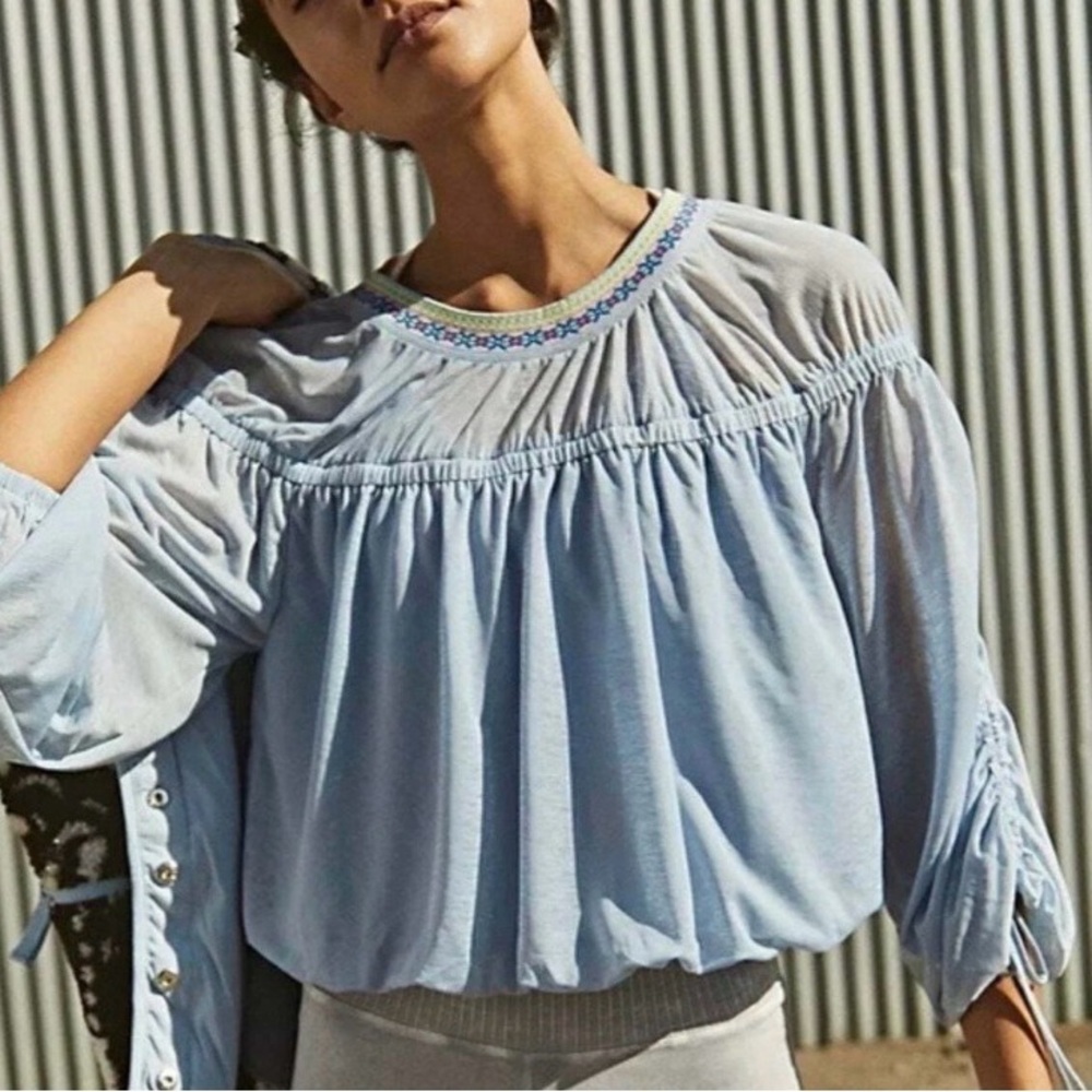 Free People Light Blue Embroidered Yoke Peasant Blouse